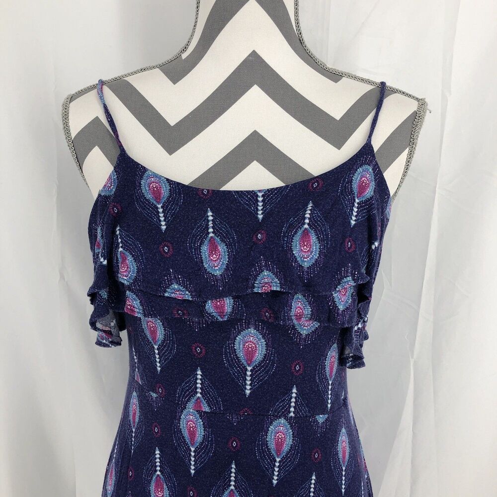 Pink Republic Purple Peacock Feather Spaghetti Strap Ruffle Mini Dress Medium